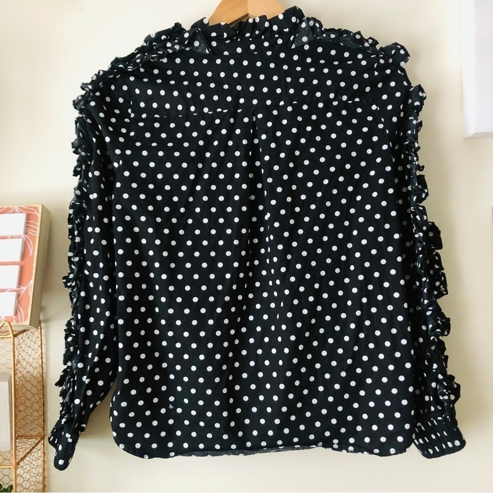 Greysn Black and White Polka Dot Ruffle Sleeve Zip Up Cotton Blouse Size Medium - Picture 5 of 11